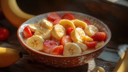 A bowl of sliced bananas and strawberries with honey on a rustic wooden table.