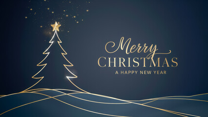 Merry Christmas and New Year Wishes with Gold Tree Outline
