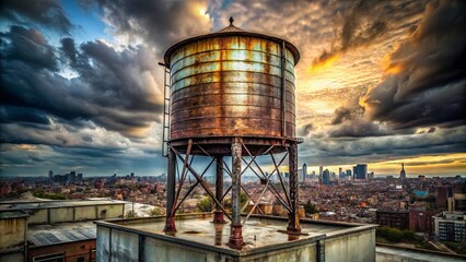 A solitary rusted water tower stands tall against a backdrop of a bustling cityscape, its weathered surface reflecting the hues of a dramatic sunset sky.
