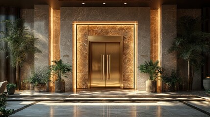 Luxury grand entrance door with marble side panels and a polished gold handle.