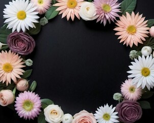 Obraz premium Frame with daisies and roses on black background.