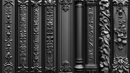 Elegant Black Ornate Columns Panels Friezes Architectural Design Elements