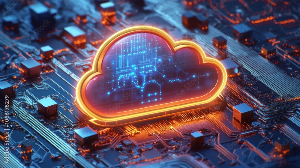 Poster glowing cloud symbol on a circuit board
