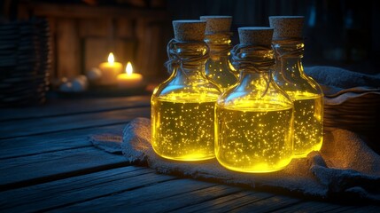 Glowing Potion Bottles Mystical Elixirs Illuminated Glassware Dark Background Candles Fantasy