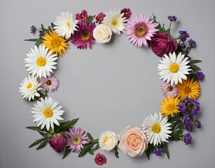 Obraz premium Round frame with daisies and roses on white.