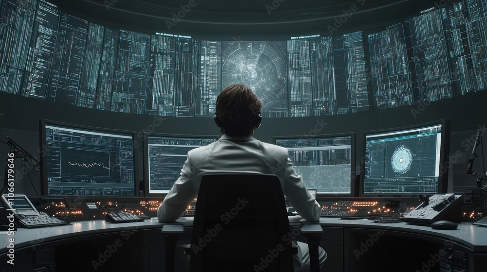 Poster A Man in a White Suit Sits Before Multiple Computer Screens Displaying Data and Code
