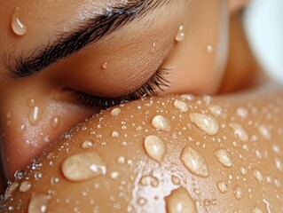 Fototapeta premium Detailed closeup of water droplets on a person s skin after a workout, sharp focus, dynamic lighting, highlighting natural texture