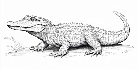 Obraz premium A detailed black and white line drawing of an alligator with its mouth closed