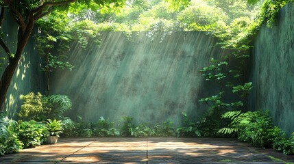 Sunlight streams through lush foliage onto a concrete patio in a secluded garden.