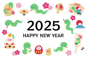 2025年巳年の年賀状テンプレート　蛇　かわいい　縁起物　ベクター　