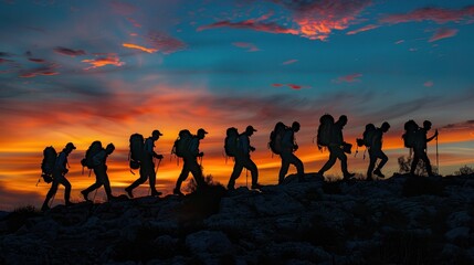 Fototapeta premium Silhouettes of Hikers Ascending a Mountain at Sunset