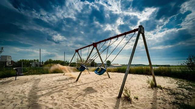 A neglected playground with empty swings twisting in the wind, sand and dust blowing, and an intense, cloudy sky casting shadows over the scene.