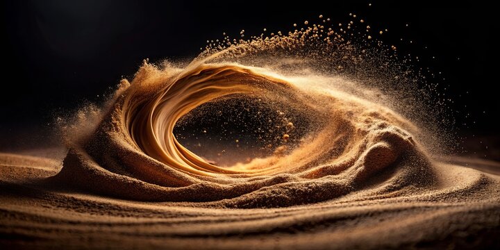 A Wave of Golden Sand Creates a Momentary Vortex, Suspended in Time, as Particles Dance in the Air