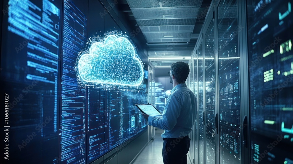 Poster Man in a Server Room Looking at a Cloud Computing Diagram