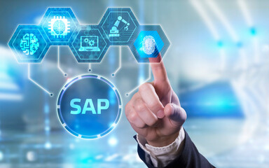 Fototapeta premium SAP System Software Automation concept on virtual screen data center. Business, modern technology, internet and networking concept.