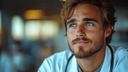 Obraz premium Portrait of a young doctor with a stethoscope looking away while thinking about his job.