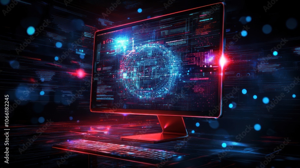 Poster computer with a futuristic interface displaying a digital globe