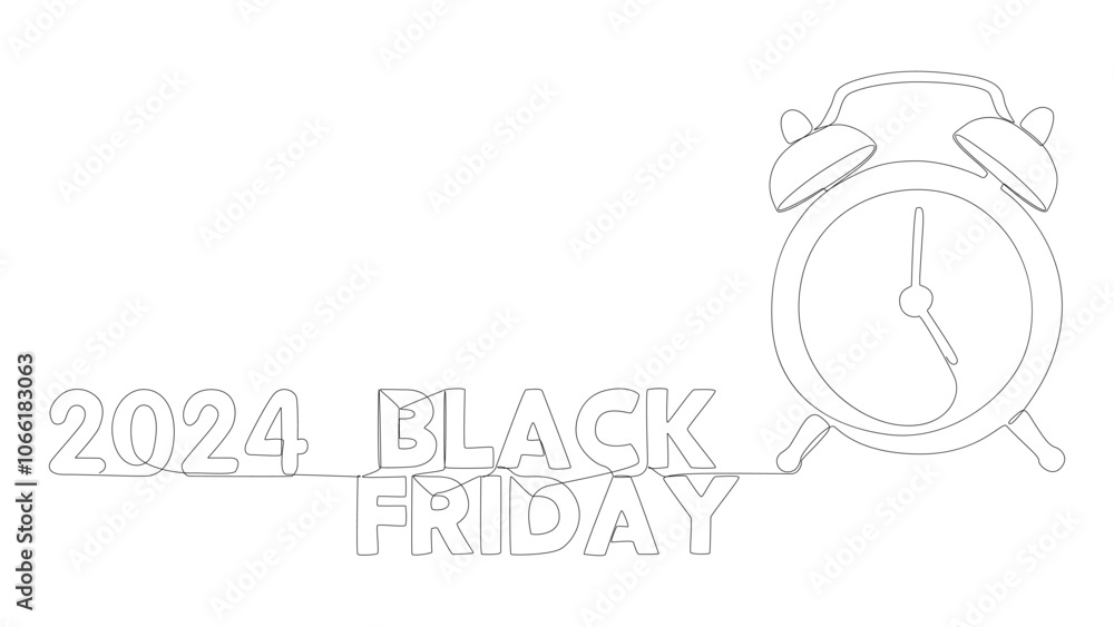 Poster one continuous line of alarm clock with black friday 2024 text. thin line illustration vector concep