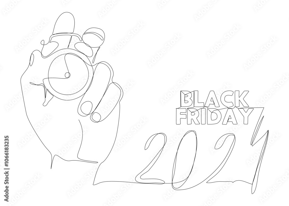 Poster one continuous line of alarm clock with black friday 2024 text. thin line illustration vector concep