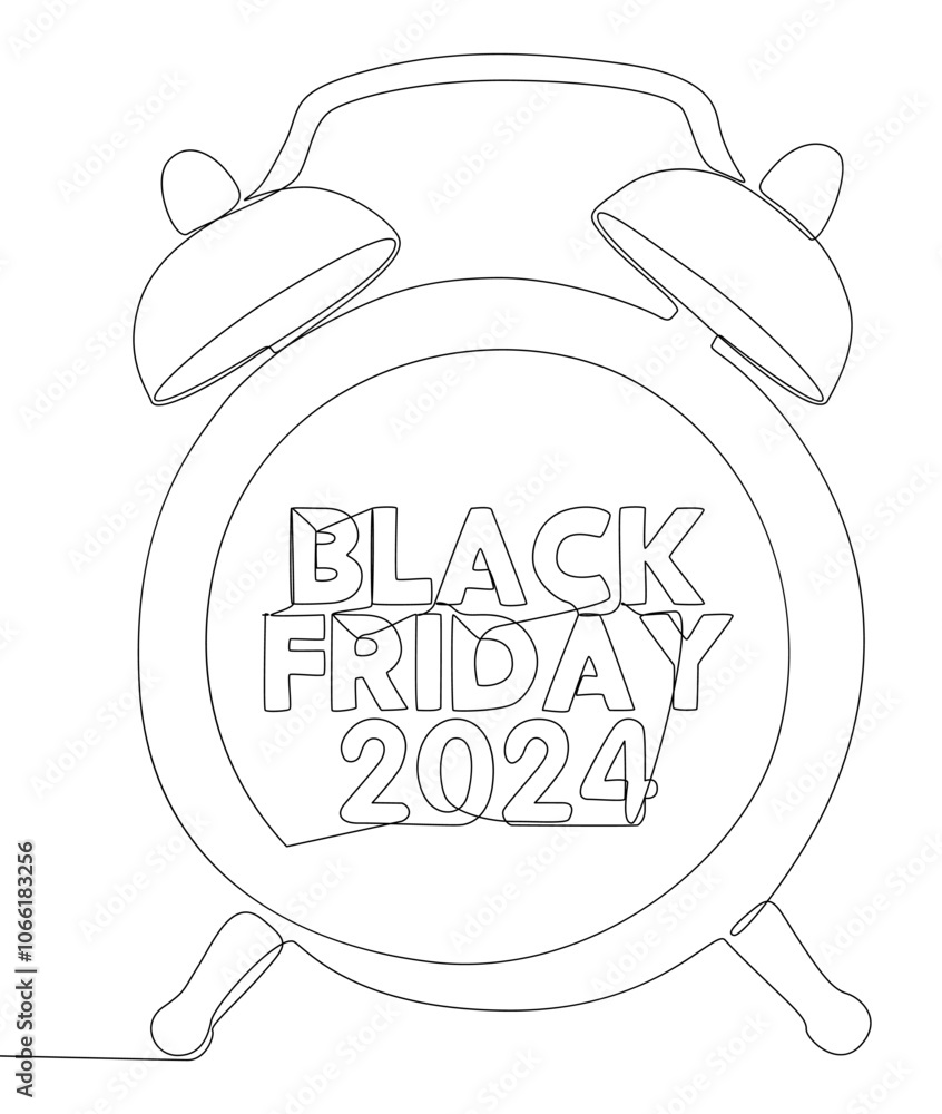 Poster one continuous line of alarm clock with black friday 2024 text. thin line illustration vector concep
