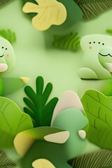 Cute cartoon frog with big eyes and a smile, sitting on green leaves.
