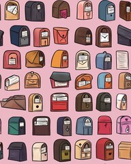 Colorful illustration of various mailboxes on a pink background.