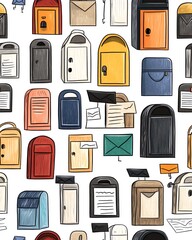 Colorful illustration of various mailboxes on a pink background.
