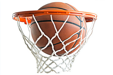 Fototapeta premium basketball is going through net of basketball hoop, showcasing excitement of game. vibrant orange rim contrasts with textured surface of ball, creating dynamic image