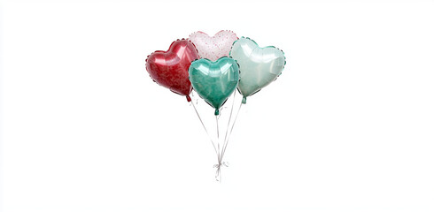 Colorful balloons in heart shapes, featuring red, green, and white colors, create festive and cheerful atmosphere. Perfect for celebrations and special occasions