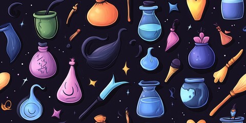 A seamless pattern of whimsical cartoon magic potions, bags, and other fantasy elements.