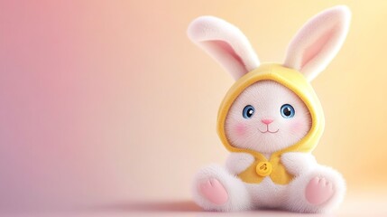 Fototapeta premium Cute White Bunny with Yellow Hood and Plush Fabric Body in Cozy Setting - Product Image