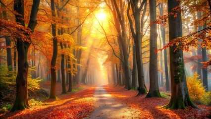 A winding path through an autumnal forest, illuminated by a warm golden sunbeam, creates a magical, otherworldly atmosphere.