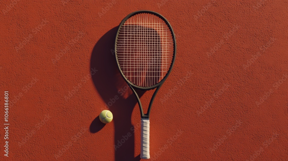 Poster tennis racket and ball casting long shadows on a clay court surface, suggesting a break in the game 
