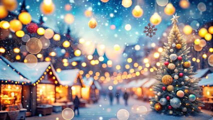 Festive Christmas Tree Amidst a Blur of Warm Lights and Snowfall in a Winter Wonderland
