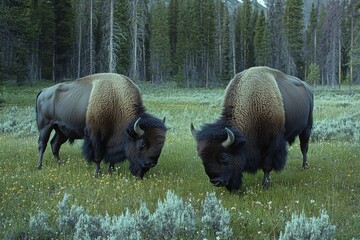 Bison Grazing in a Mountain Meadow at Golden Hour