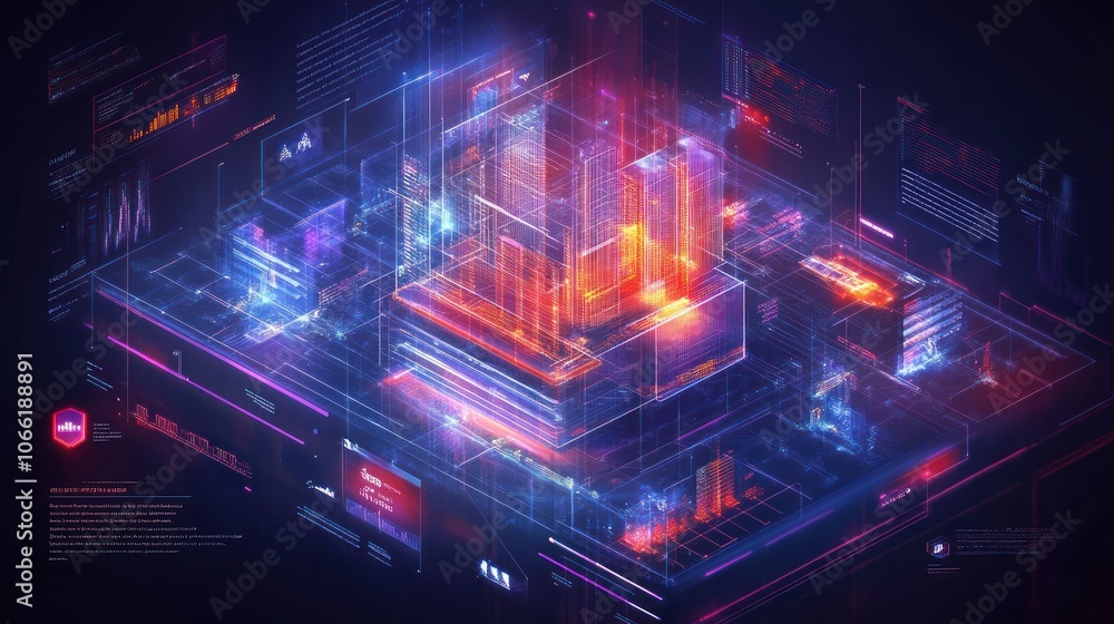 Poster abstract digital city with glowing lines and data streams