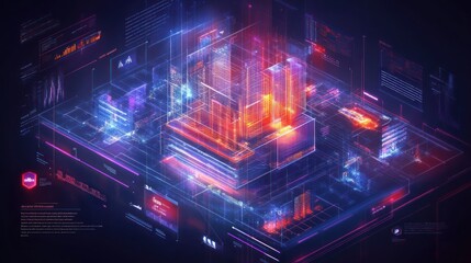 Obraz premium Abstract digital city with glowing lines and data streams