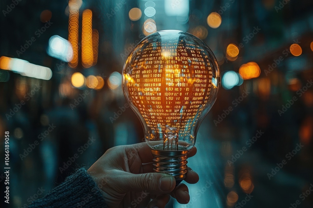 Poster Light Bulb With Binary Code Reflected In Its Glass