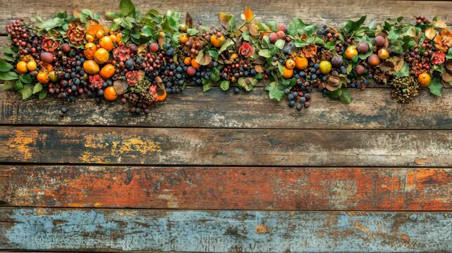 A colorful arrangement of fruit, berries, and leaves adorns a rustic wooden background