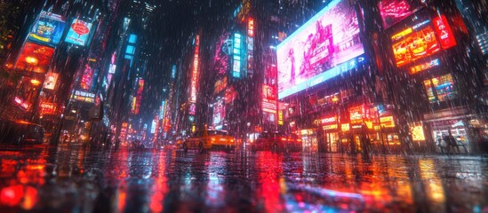Obraz premium Wet, neon-lit city street at night with rain falling and reflecting off the pavement.