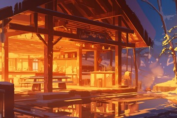 Rustic ski lodge with wooden beams and warm lighting. Cozy vibe, Generative AI
