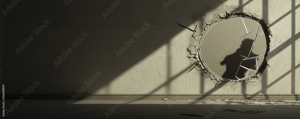 Poster a broken wall with a circular hole casting shadows, revealing a figure and hinting at escape or tran