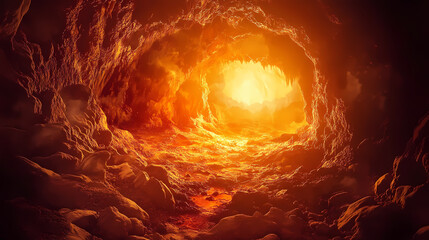 Beautiful cave in the rock. hot cave due to magma and volcano, volcanic eruption, portal to the underworld, deep dungeon, descent to hell, throne. ai. Dreamscape. Illustration