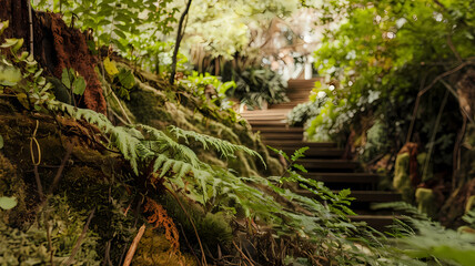 Naklejka premium Lush green foliage and ferns border a serene staircase in a tranquil forest, inviting exploration into the vibrant natural surroundings. A perfect escape into nature's beauty.