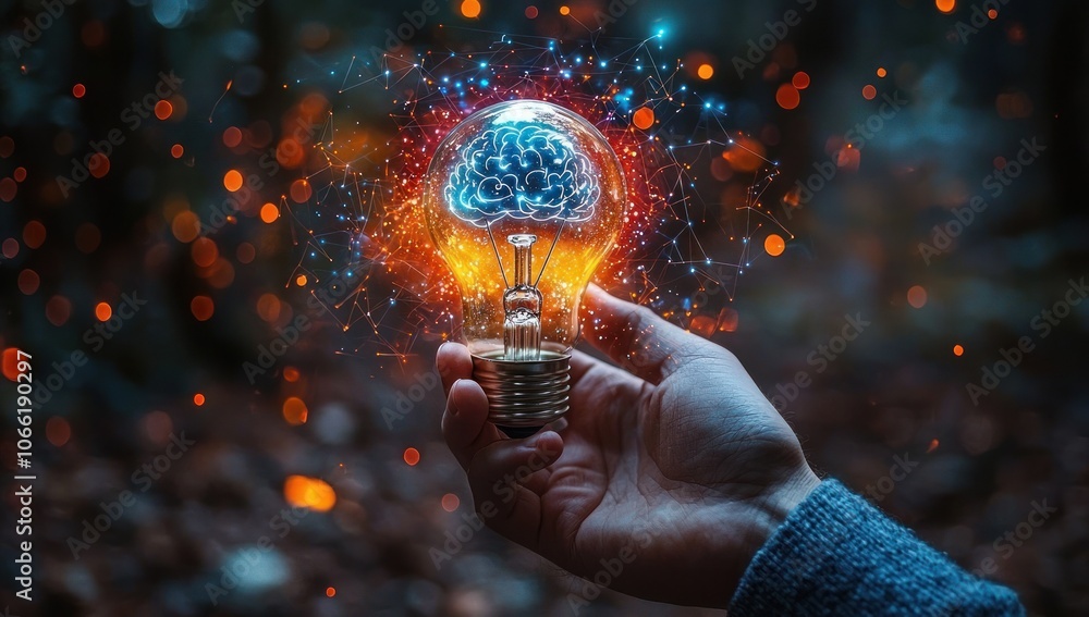 Poster a hand holding a lightbulb with a brain inside against a blurry background