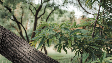 Fototapeta premium Close-up of lush green leaves against a textured tree trunk in a serene natural setting, showcasing vibrant foliage and soft lighting in a tranquil outdoor environment.