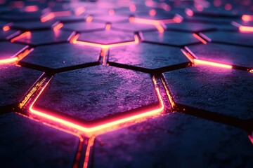 Abstract Hexagonal Surface with Neon Glowing Lines