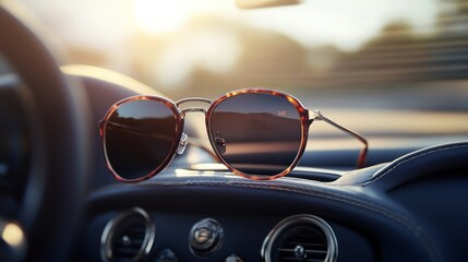 Men's designer sunglasses, displayed against a luxury car dashboard, sunlit background