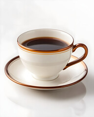 Fototapeta premium Elegant White Porcelain Coffee Cup with Bronze Trim on Matching Saucer Against White Background.