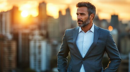 Fototapeta premium Confident man in a suit against a city skyline at sunset.